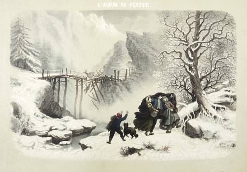 Ferogio, Fortuné -  -  - Heimkehrende Bauern und zerbrechende Holzbrücke
