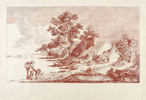 Französischer Radierer -  -  - Fischerhütte am See