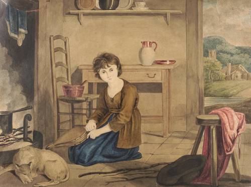 Deutscher Zeichner -  -  - Mädchen mit Blasebalg vor dem Herdfeuer knieend
