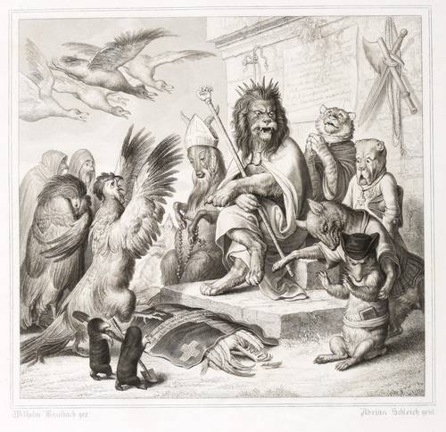 Kaulbach, Wilhelm von (nach) - Reineke Fuchs (Goethe) - Reineke Fuchs (Goethe) - Henning der Hahn bringt die tote Henne Kratzefuß