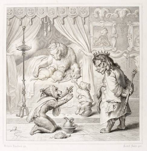 Kaulbach, Wilhelm von (nach) - Reineke Fuchs (Goethe) - Reineke Fuchs (Goethe) - Frau Rückenau die Äffin beschwört König Nobel