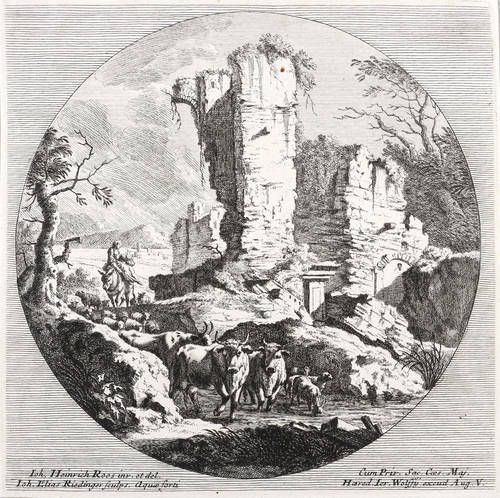 Ridinger, Johann Elias -  -  - Hirtin mit Rindern und Schafen bei einer Ruine