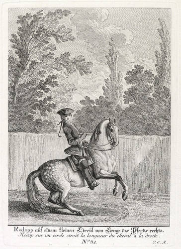 Ridinger, Johann Elias - Kleine Reitschule - Kleine Reitschule - Redopp auf einem kleinen Circul von Laenge des Pferds rechts