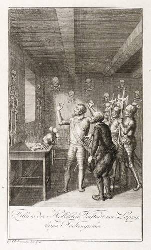 Chodowiecki, Daniel Nikolaus -  -  - Tilly in der Hallischen Vorstadt von Leipzig, beym Todtengräber