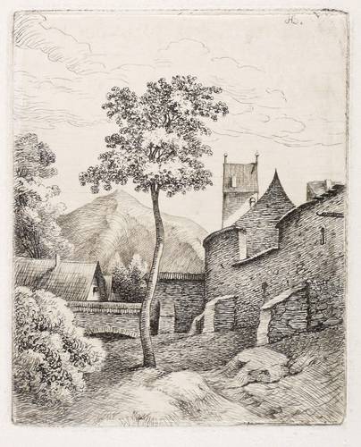 Deutscher Radierer -  -  - Bäumchen an der Stadtmauer