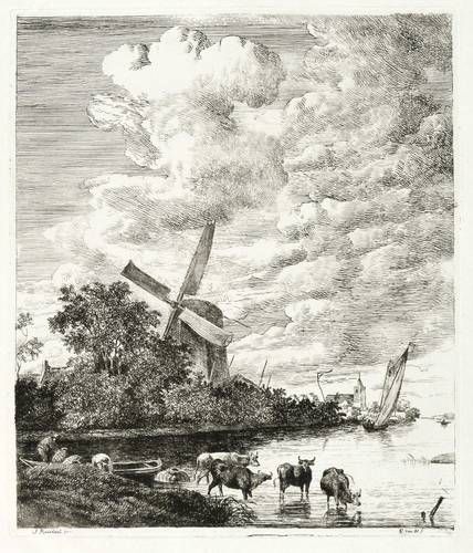 Os, Pieter Gerardus van - Nach Jacob van Ruisdael - Nach Jacob van Ruisdael - Vier Kühe im Wasser vor einer Windmühle