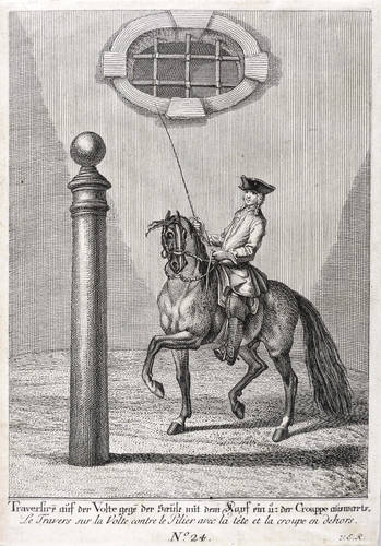 Ridinger, Johann Elias - Kleine Reitschule - Kleine Reitschule - Traversiren mit der Volte gege[n] der Saeule mit dem Kopf ein u[nd] der Grouppe auswaerts