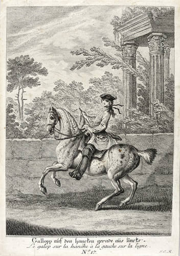 Ridinger, Johann Elias - Kleine Reitschule - Kleine Reitschule - Gallopp auf den hancken gerade aus lincks