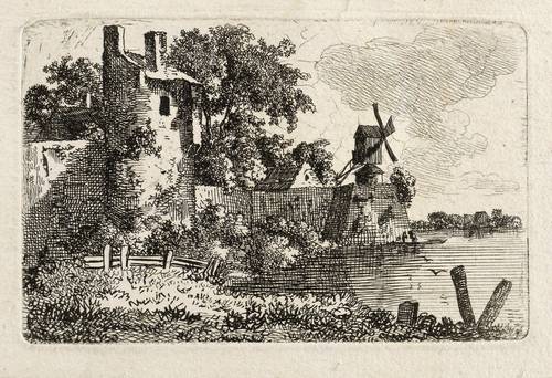 Nathe, Christoph -  -  - Flusslandschaft mit einem Mauerturm und einer Windmühle