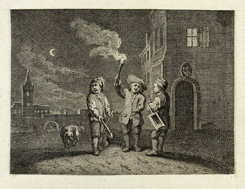 Deutscher Radierer -  -  - Drei Männer mit Fackeln und Laterne