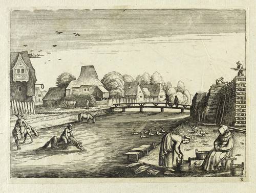 Merian, Matthäus d.Ä - Schwalbacher Reise - Schwalbacher Reise - Fluß mit Holzlager und Wäscherinnen