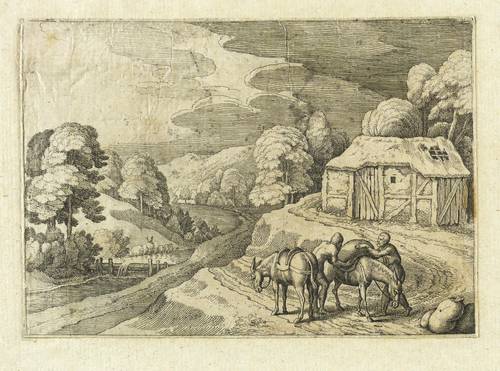 Merian, Matthäus d.Ä - Schwalbacher Reise - Schwalbacher Reise - Männer beladen zwei Maulesel mit Säcken