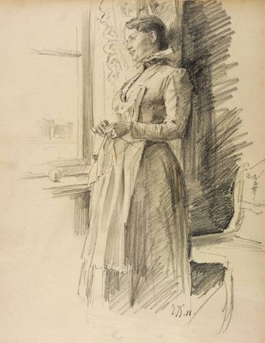 Keck, Emil -  -  - Träumende Strickerin am Fenster