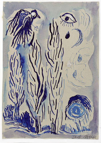 Böttcher, Agathe -  -  - Tränendes Auge, Vogel und drei Pappeln