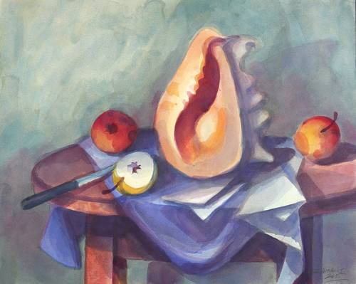 Drechsler, Klaus -  -  - Ateliertisch I (Äpfel und große Meeresschnecke)