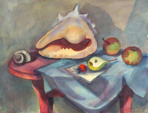 Drechsler, Klaus -  -  - Ateliertisch II (Stillleben mit zwei Meeresschnecken)