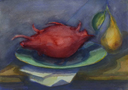 Drechsler, Klaus -  -  - Kleines Stillleben mit Kaktusfrucht und Birne