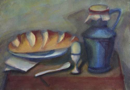 Drechsler, Klaus -  -  - Stillleben mit Weißbrot und blauer Kanne