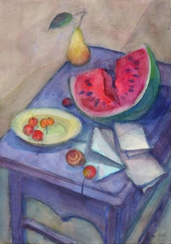 Drechsler, Klaus -  -  - Gartentisch mit Melonenstück