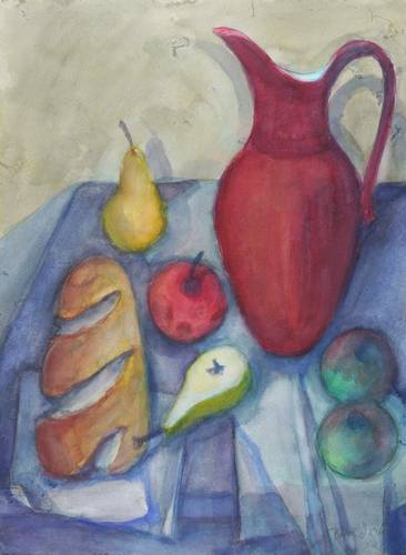 Drechsler, Klaus -  -  - Stillleben mit roter Kanne, Weißbrot und Früchten