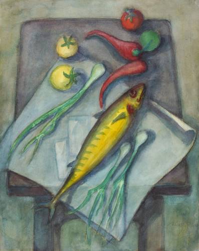 Drechsler, Klaus -  -  - Abstelltisch mit Räucherfisch, Tomaten, Paprika