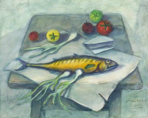 Drechsler, Klaus -  -  - Abstelltisch mit Räucherfisch