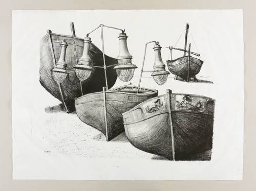 Escher, Hans -  -  - Fischerboote mit Lichtbooten und Boeglampen