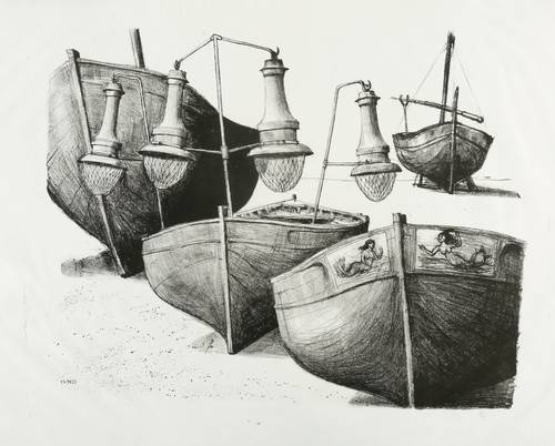 Escher, Hans -  -  - Fischerboote mit Lichtbooten und Boeglampen
