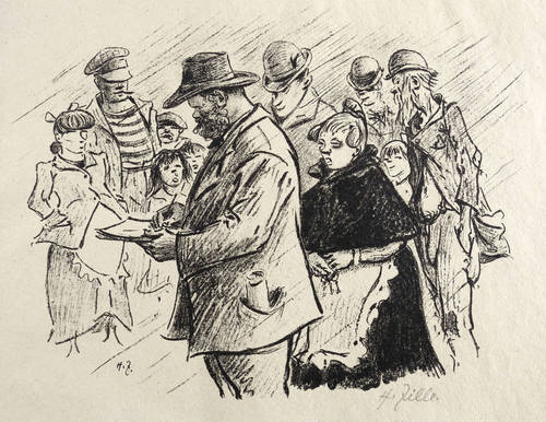 Zille, Heinrich -  -  - Zille im Regen zeichnend (Heinrich Zille in seinem Milljöh)