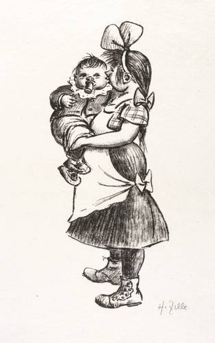 Zille, Heinrich - Komm, Karlineken, komm - Komm, Karlineken, komm - Stehendes Mädchen mit Haarschleife und Kind auf dem Arm