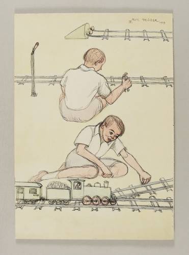 Tröger, Fritz -  -  - Spielender Junge mit Modelleisenbahn