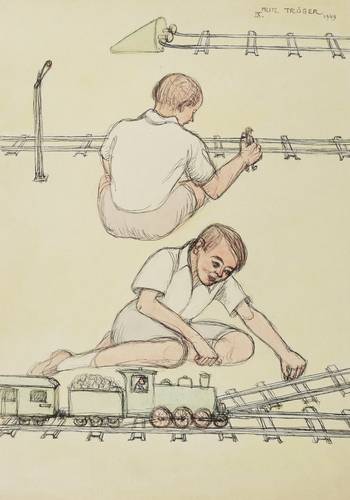 Tröger, Fritz -  -  - Spielender Junge mit Modelleisenbahn