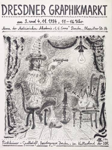 Graf, Peter - Plakat Dresdner Graphikmarkt - Plakat Dresdner Graphikmarkt - Pistolenkunststück mit Glühlampe