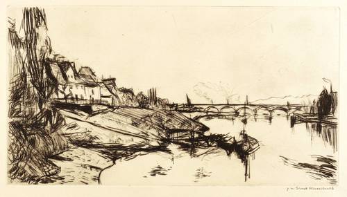 Hassebrauk, Ernst -  -  - Elbbrücke bei Pirna mit Häusern (Pina-Copitz)