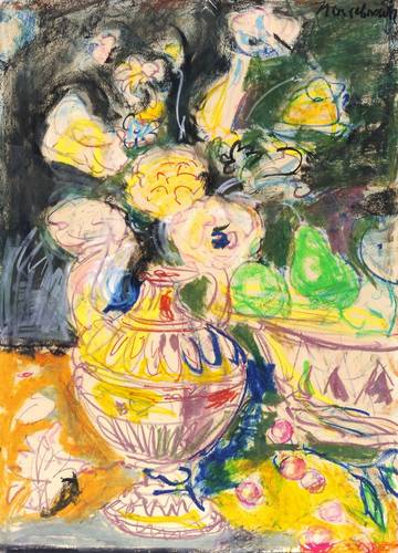 Hassebrauk, Ernst -  -  - Stillleben mit Blumenstrauß und Obstschale