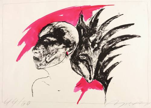 Hampel, Angela -  -  - Ohne Titel (Kopf mit Fabeltier)