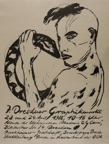 Hampel, Angela - Plakat Dresdner Graphikmarkt - Plakat Dresdner Graphikmarkt - Frau mit Schlange