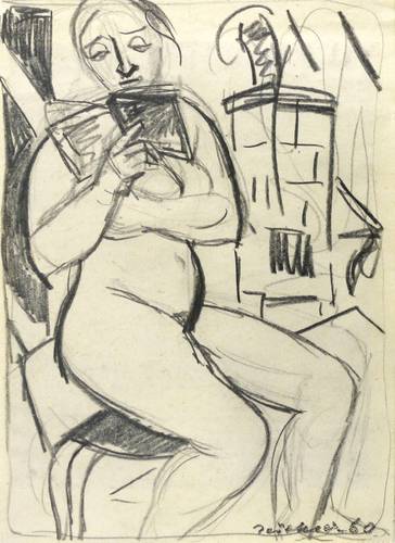 Jüchser, Hans -  -  - Lesender Akt am Ofen