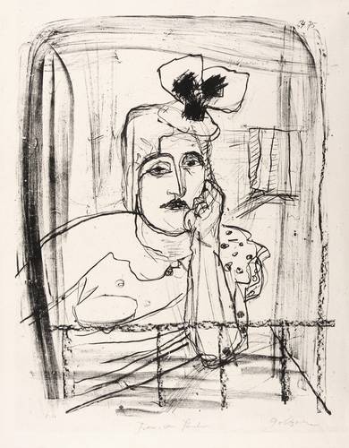 Goltzsche, Dieter -  -  - Frau am Fenster (Frau am Balkon mit Blume)