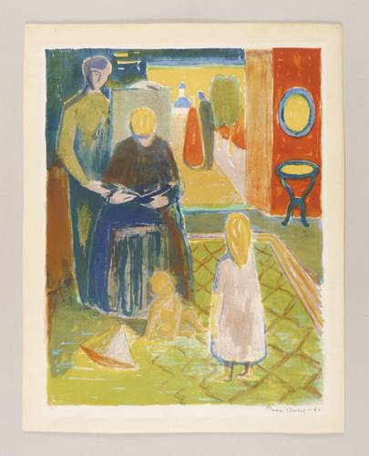 Dahl, Peer -  -  - Interieur mit lesender Figur und Kindern (Interiør med figurer)
