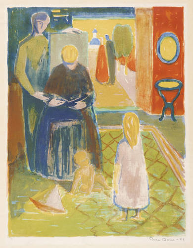 Dahl, Peer -  -  - Interieur mit lesender Figur und Kindern (Interiør med figurer)