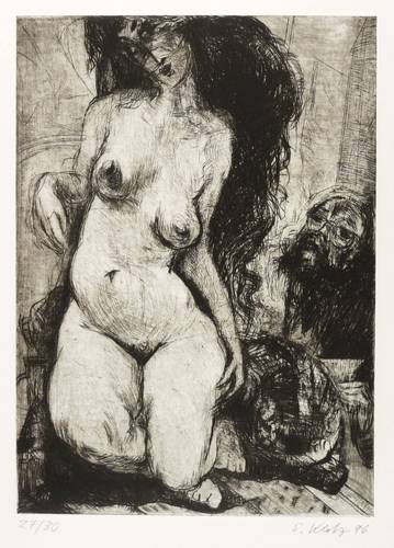 Klotz, Siegfried -  -  - Kniender Akt mit Katze und Selbstbildnis