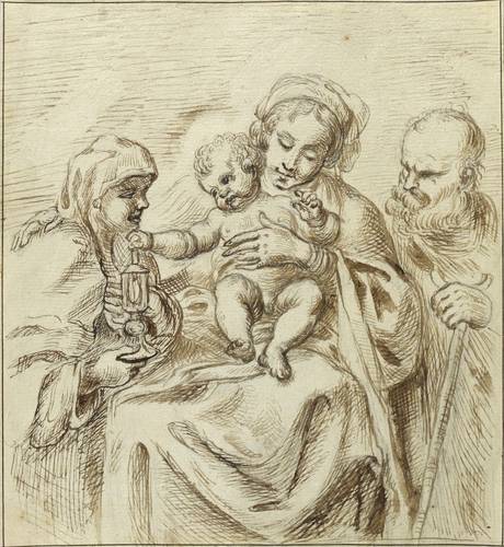 Deutscher Zeichner -  -  - Heilige Familie und Heilige mit Öllampe