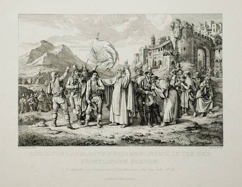Richter, Adrian Ludwig -  -  - Römische Landleute versammeln sich unter den päpstlichen Fahnen