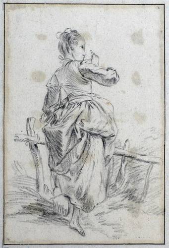 Deutscher Zeichner -  -  - Wartendes Mädchen am Weidezaun