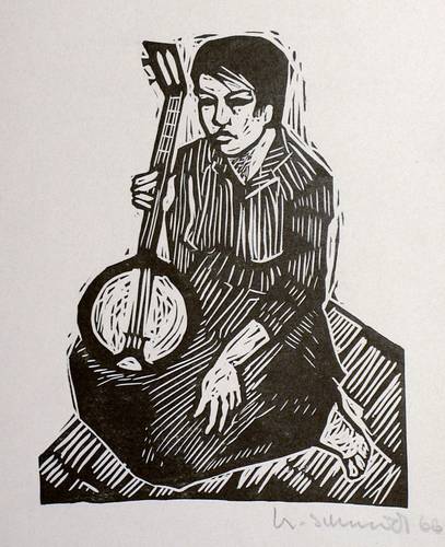 Deutscher Grafiker -  -  - Chinesische Musikerin mit Ruan