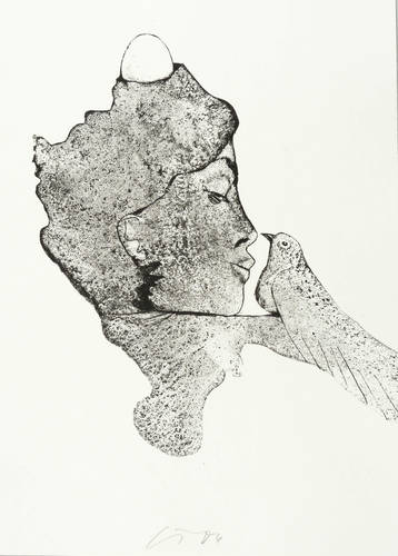 Trendafilov, Gudrun -  -  - Profilkopf mit Vogel und Ei