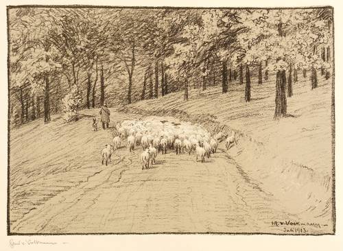 Volkmann, Hans Richard von -  -  - Schafherde durch den Wald ziehend