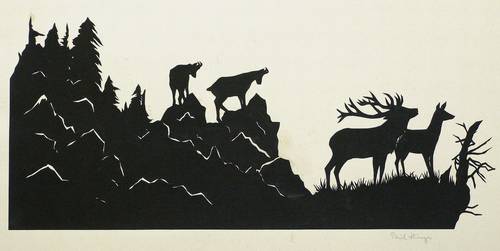 Hinze, Paul -  -  - Felslandschaft mit Hirschen und Bergziegen