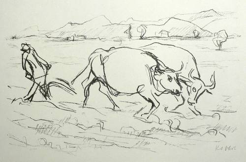 Ohrt, Karl August -  -  - Motiv aus Paestum (Bauer mit Ochsengespann)